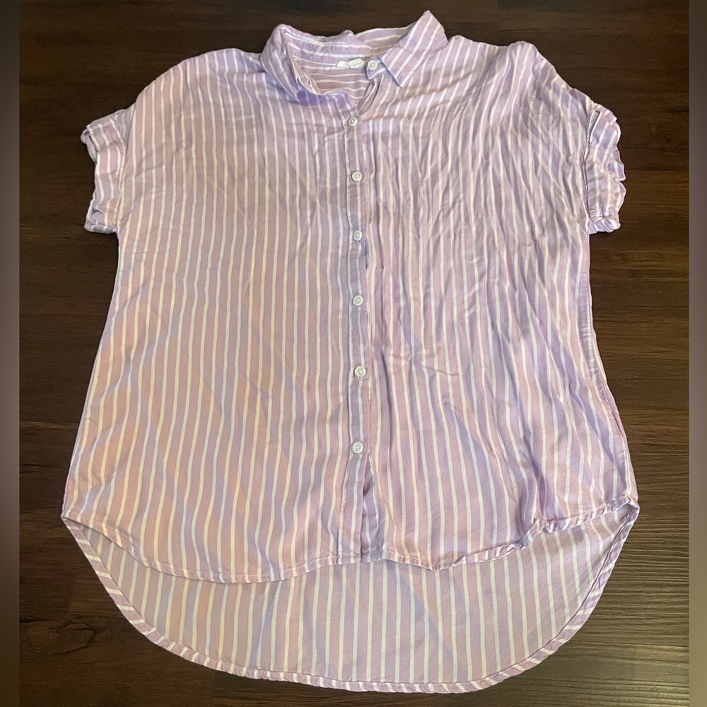 Beachlunchlounge Women’s Kenzie Stripe Short Sleeve Button-Up Shirt Lavender Med